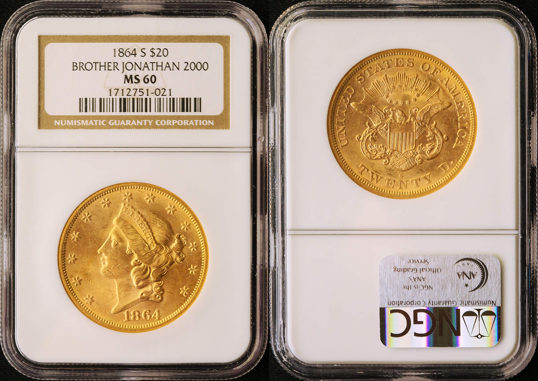 アメリカ 1864S リバティヘッド 20ドル金貨 NGC MS60 商品詳細 | 金貨・銀貨・アンティークコイン・モダンコインのお取引相談  ミレニアルコイン